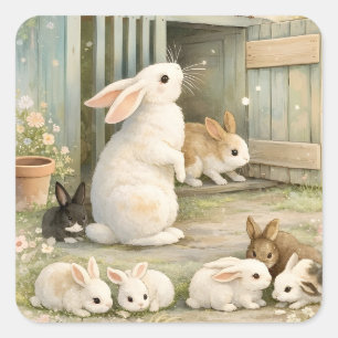 Vintage Bunny Garden Illustration   Cottagecore  Square Sticker
