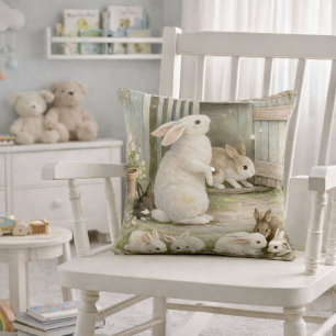 Vintage Bunny Garden Illustration   Cottagecore  Throw Pillow