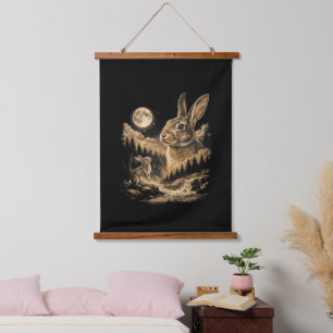 Vintage Bunny Howling to the Moon Rabbit Night Art Hanging Tapestry