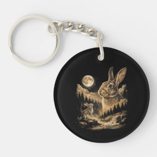 Vintage Bunny Howling to the Moon Rabbit Night Art Keychain