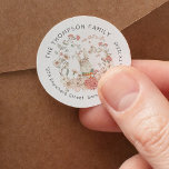 Vintage Bunny Pink Floral Return Name Address Classic Round Sticker<br><div class="desc">Vintage style charm for your mailings,  with a cute bunny and pink florals and greenery with your name curved above and your return address curved below.   All the text can be easily personalised.</div>