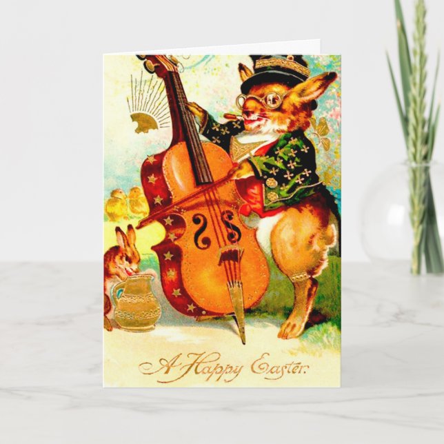Vintage Bunny Playing with Violin Easter Greeting Holiday Card (Front)
