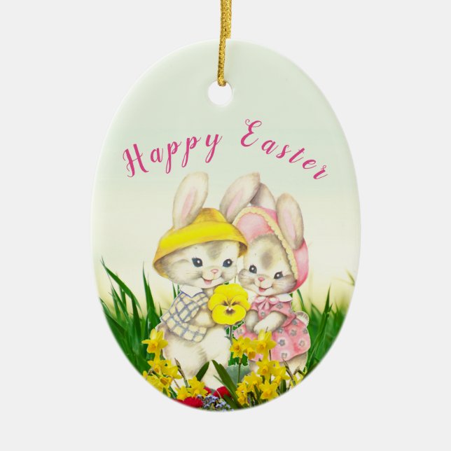 Vintage  Bunny Rabbit Easter Tree Ceramic Ornament (Front)