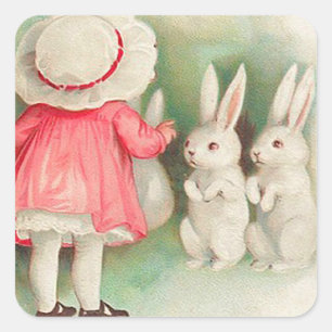 Vintage Bunny Rabbits Easter Greeting Square Sticker
