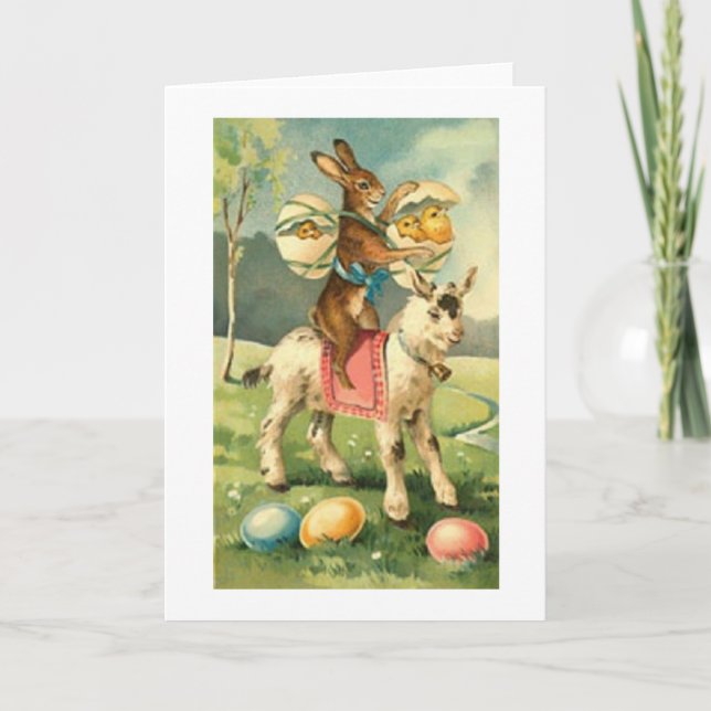 Vintage Bunny Riding On Goat Easter Card (Front)
