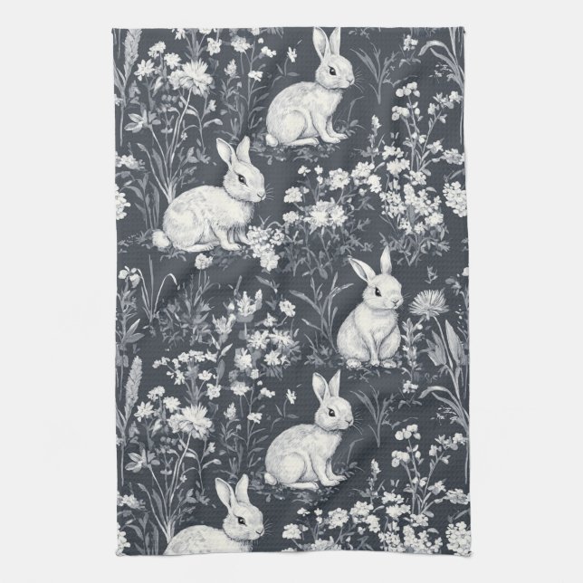 Vintage Bunny Spring Black Toile Pattern Kitchen Towel (Vertical)