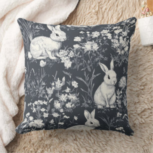 Vintage Bunny Spring Black Toile Pattern Throw Pillow