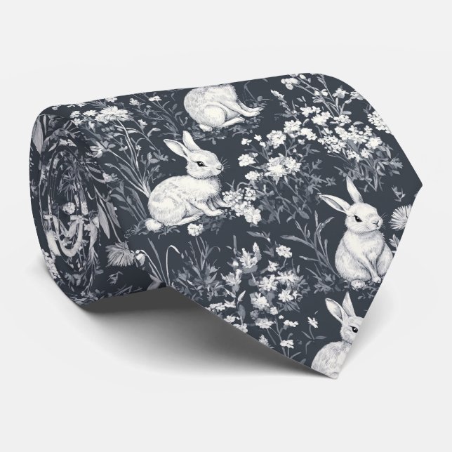 Vintage Bunny Spring Black Toile Pattern Tie (Rolled)