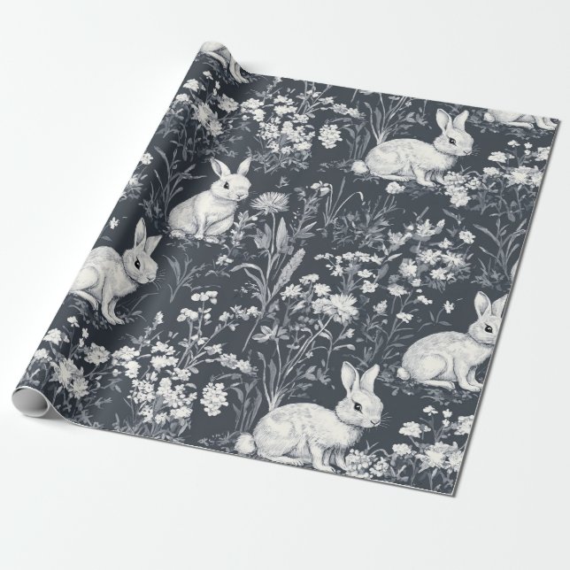 Vintage Bunny Spring Black Toile Pattern Wrapping Paper (Unrolled)