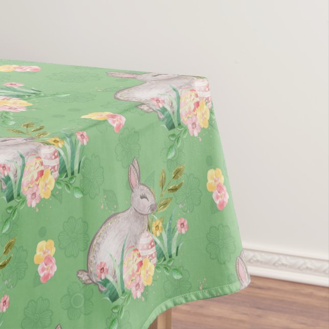 Vintage Bunny Spring Flowers Pastel Green Easter Tablecloth (In Situ)
