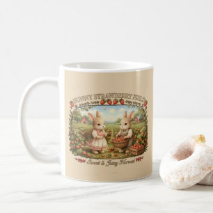 Vintage Bunny Strawberry Field Cottagecore Illustr Coffee Mug