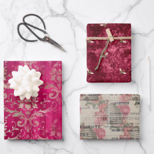 Vintage Burgindy Bee Flowers Mix and Match Wrapping Paper Sheet