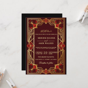 Vintage burgundy and Gold Art Deco Islamic weeding Invitation