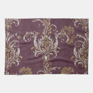 Vintage Burgundy and Gold Damask Kitchen Towel
