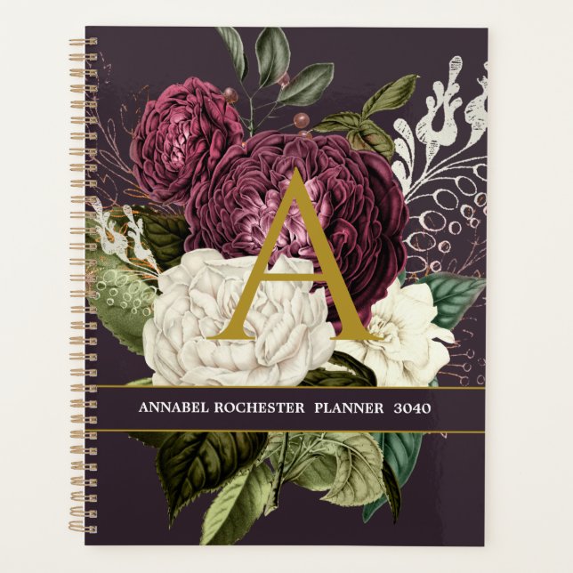 Vintage burgundy and white roses planner (Front)