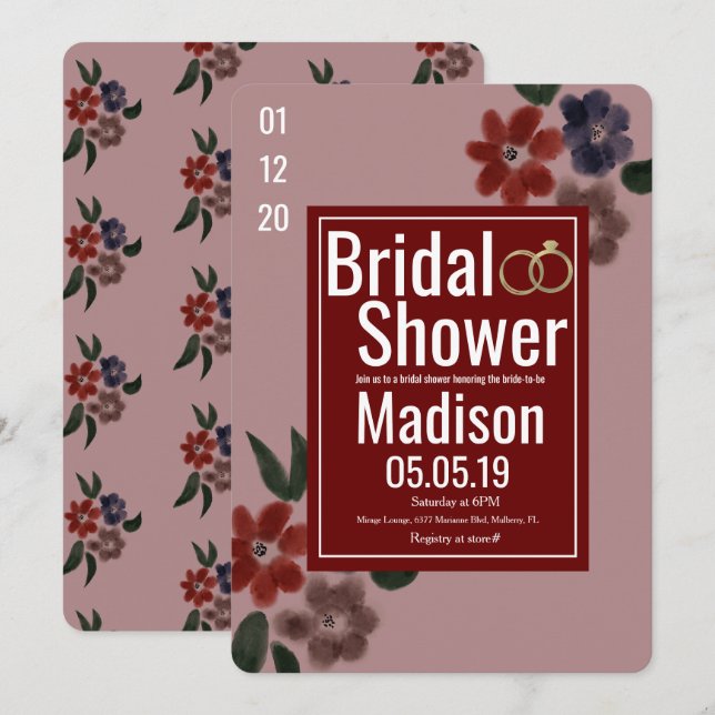 Vintage Burgundy Blue Blush Botany Bridal Shower Invitation (Front/Back)