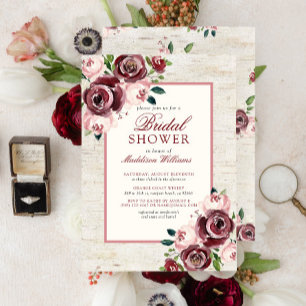 Vintage Burgundy Blush Floral Birch Bridal Shower Invitation