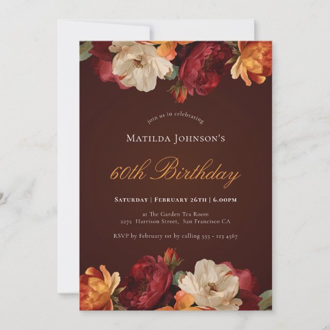 Vintage Burgundy Floral 60th Birthday Invitation (Front)