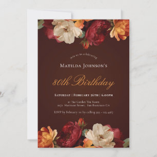 Vintage Burgundy Floral 80th Birthday Invitation
