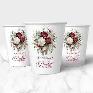 Vintage Burgundy Floral Bridal Shower Paper Cups