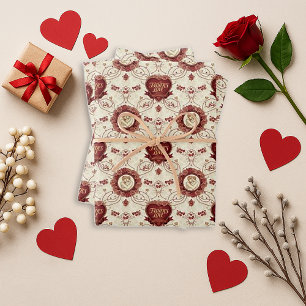 Vintage Burgundy Floral Father Son Pattern Wrapping Paper Sheet