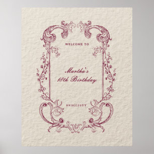 Vintage Burgundy Floral Welcome Birthday Sign