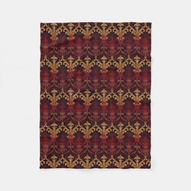 Vintage burgundy gold damask pattern fleece blanket (Front)