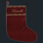 Vintage Burgundy Gold Elegant Calligraphic Script Small Christmas Stocking<br><div class="desc">The background is dark burgundy. The name is written an a golden calligraphic script, in the upper part, between two vintage gold stripes with lace-like decorations. The elegant gold decorations on burgundy red are from a vintage French book cover binding from the late 19th century, now in the public domain,...</div>