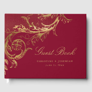 Vintage Burgundy Gold Floral Damask Medium Wedding Guest Book