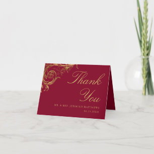 Vintage Burgundy Gold Floral Damask Photo Wedding Thank You Card