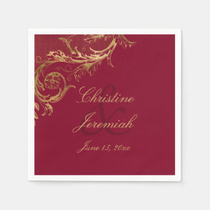Vintage Burgundy Gold Floral Damask Script Wedding Napkin