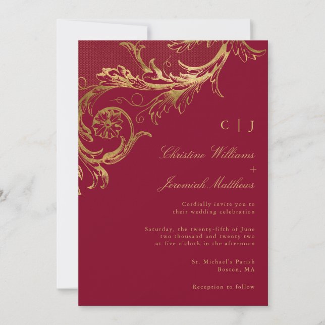 Vintage Burgundy Gold Floral Damask Wedding Invitation (Front)