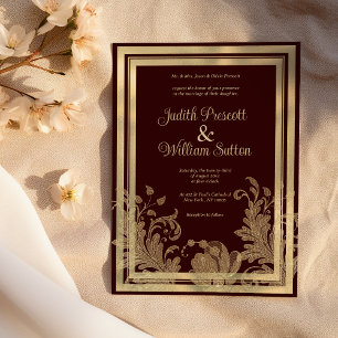 Vintage burgundy gold floral lace Wedding Invitation