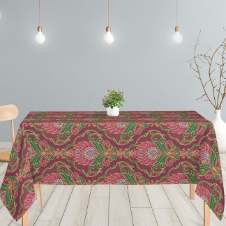 Vintage Burgundy, Green and Gold Floral Pattern Tablecloth
