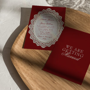 Vintage Burgundy Lace Doily Old Money Wedding Invitation