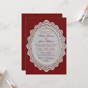 Vintage Burgundy Lace Doily Old Money Wedding  Invitation