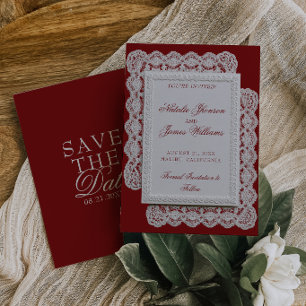 Vintage Burgundy Lace Doily Old Money Wedding Save The Date