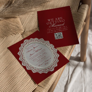 Vintage Burgundy Lace Doily QR Code Wedding Invitation