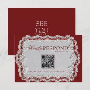 Vintage Burgundy Lace Doily Retro QR Code Wedding RSVP Card