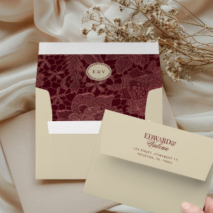 Vintage Burgundy Lace Monogram Ivory Retro Wedding Envelope