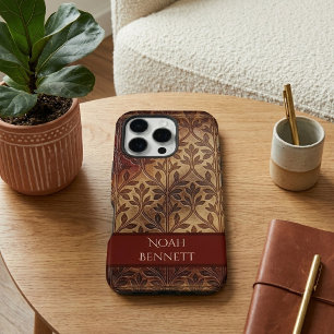 Vintage Burgundy Leather Boho Botanical Foliage iPhone 16 Pro Case