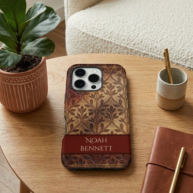 Vintage Burgundy Leather Boho Botanical Foliage  iPhone Case (Vintage Burgundy Leather Boho Botanical Foliage iPhone Case)