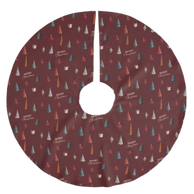 Vintage Burgundy Merry Christmas Brushed Polyester Tree Skirt (Front)