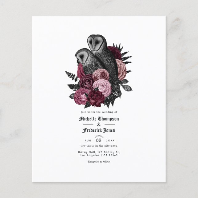 Vintage Burgundy Owls Gothic Wedding Invitation Flyer (Front)
