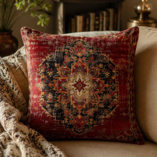 Vintage Burgundy Persian Medallion Pattern Ornate  Throw Pillow