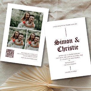 Vintage Burgundy Photo Collage QR Code Wedding Invitation