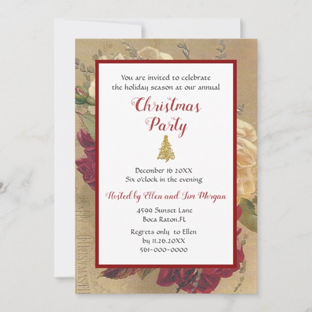 Vintage Burgundy Rose Christmas Holiday Party Invitation (Front)