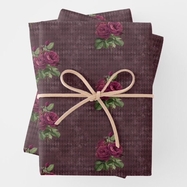 Vintage Burgundy Rose on Harlequin Wrapping Paper Sheet (In situ)