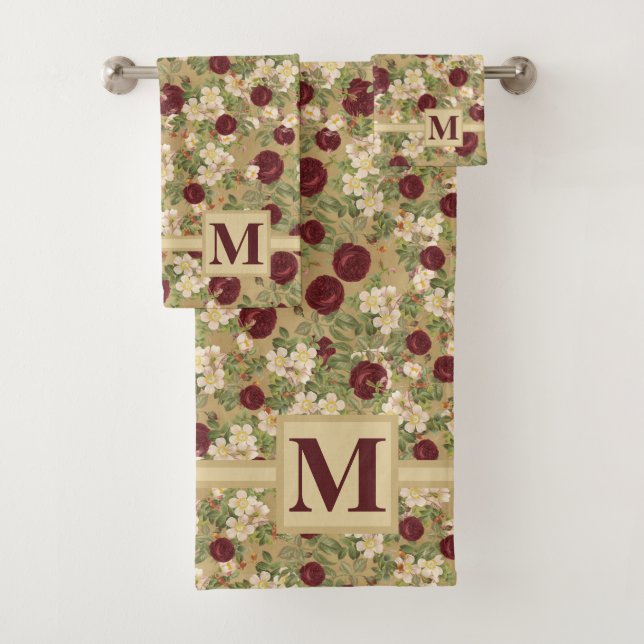 Vintage Burgundy Roses & Blossoms Monogrammed Bath Towel Set (Insitu)