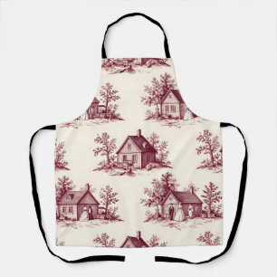 Vintage Burgundy Toile Village Pattern Apron